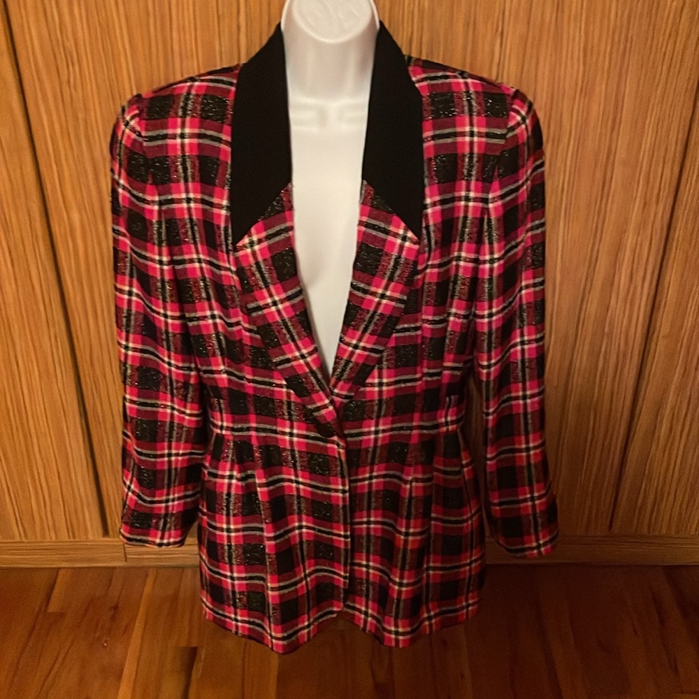 Women plaid jacket not new very good condition black and red with silver tread
